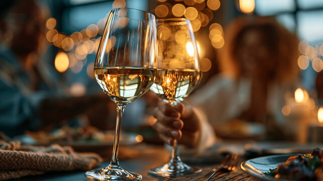 People toasting wine glasses at a warm social dinner party celebration with celebration