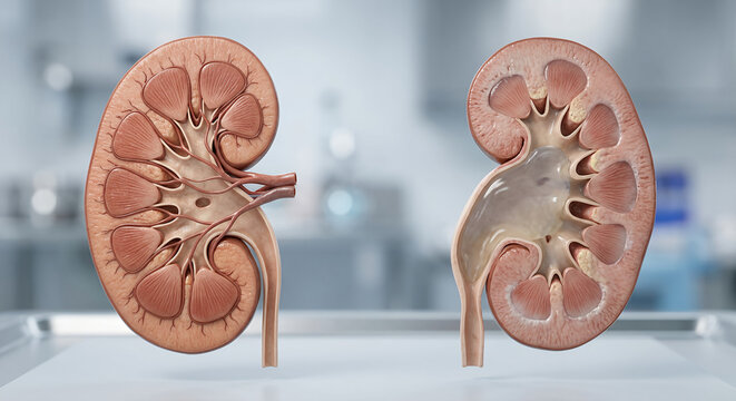 Healthy Kidney vs Hydronephrosis 3D Medical Illustration of Dilated Renal Pelvis Anatomy