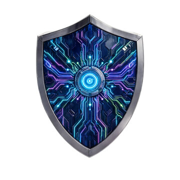Modern futuristic cyber shield with glowing circuit pattern design transparent background