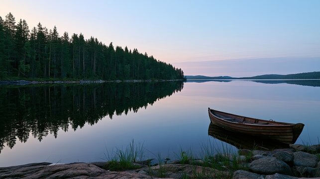 A solitary wooden boat rests by a rocky shore on a serene, glassy lake