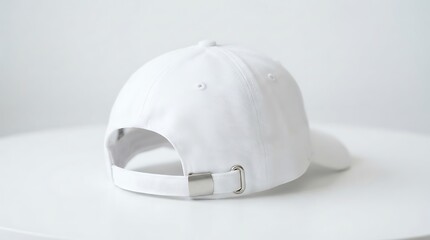 Fototapeta premium A plain white baseball cap with an adjustable metal strap buckle seen from the back on a white surface against a light gray background