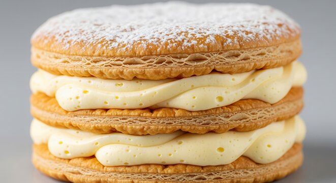 Fresh layered mille-feuille pastry with custard cream and sugar dusting
