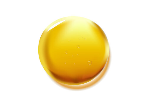 Golden liquid with bubbles on white background for cosmetic or medical product