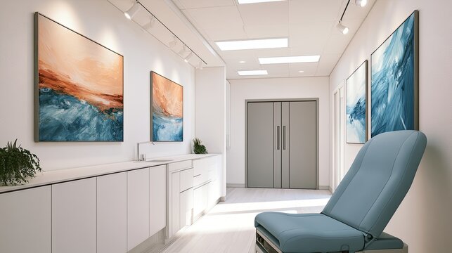 Clean, bright medical hallway with art, examination chair, and double doors