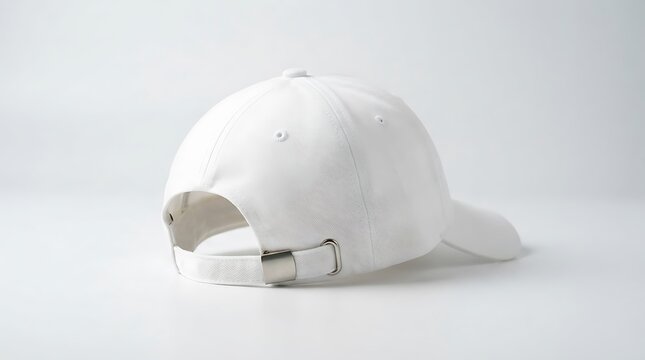 A plain white baseball cap with an adjustable metal strap buckle seen from the back on a white surface against a light gray background
