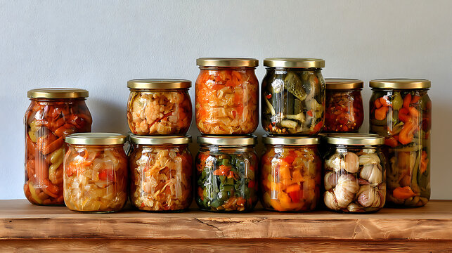 The jars contain: bright green pickled cucumbers with dill and garlic, golden yellow pickled cauliflower and carrots, dark red pickled beets with onion slices, crisp green asparagus stalks, and green 