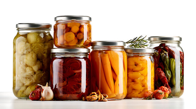 The jars contain: bright green pickled cucumbers with dill and garlic, golden yellow pickled cauliflower and carrots, dark red pickled beets with onion slices, and crisp green asparagus stalks.
