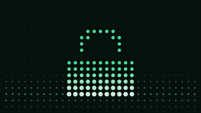 Abstract animated padlock forming out of a dot matrix drawn as green and cyan glowing lines and dots on a deep dark background. Clean minimal motion graphics element with free space around it, ideal f