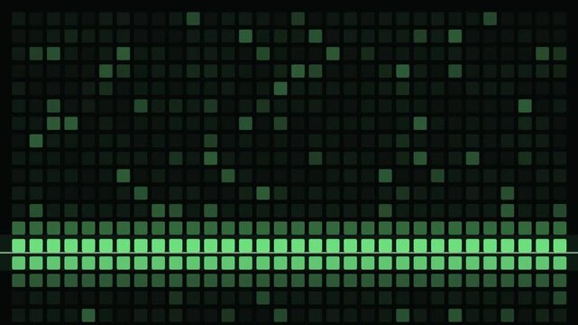 Abstract animated scan line sweeping across a network map drawn as green and cyan glowing lines and dots on a deep dark background. Clean minimal motion graphics element with free space around it, ide