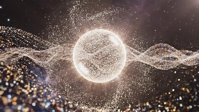 A glowing celestial sphere radiates energy, surrounded by shimmering cosmic dust waves