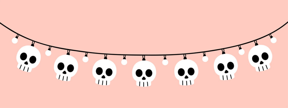 Vector halloween skull garland with glowing string lights. Cute hanging spooky decoration for party, celebration and holiday in flat design. Funny halloween skull lights.