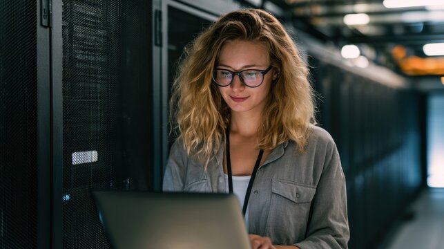 Female IT engineer managing servers in a modern data center, monitoring network infrastructure and cloud systems for secure, reliable enterprise operations.