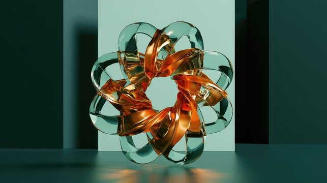 Abstract metallic and glass sculpture, interwoven, circular, geometric, modern art