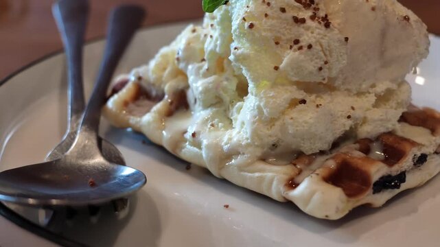 Slow motion left angle shot showing rich vanilla ice cream melting over a crisp waffle garnish with mint and cocoa powder on a white plate.
