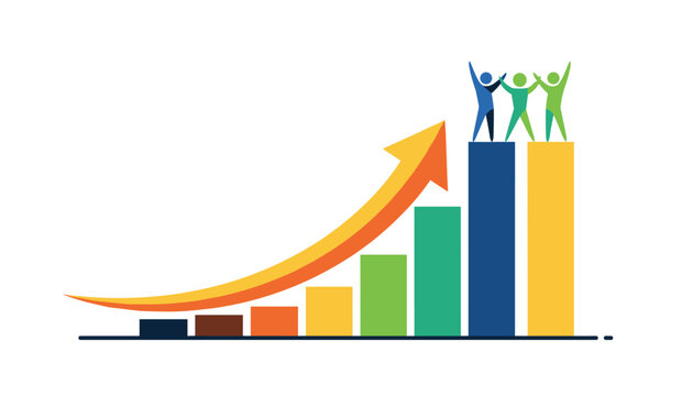 Success business bar chart showing growth arrow and cheerful figures on top representing teamwork and high achievement.