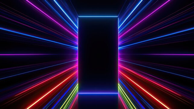 Neon light tunnel with bright, colorful lines receding into darkness