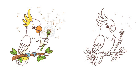 Cute Cartoon Cockatoo Parrot Holding a Dandelion Clock Vector Illustration © MstSangita