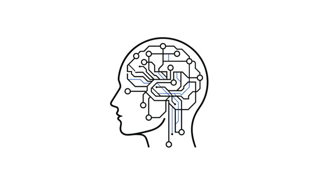 Artificial intelligence concept with silhouette of human head containing brain made of digital circuit board tracks.