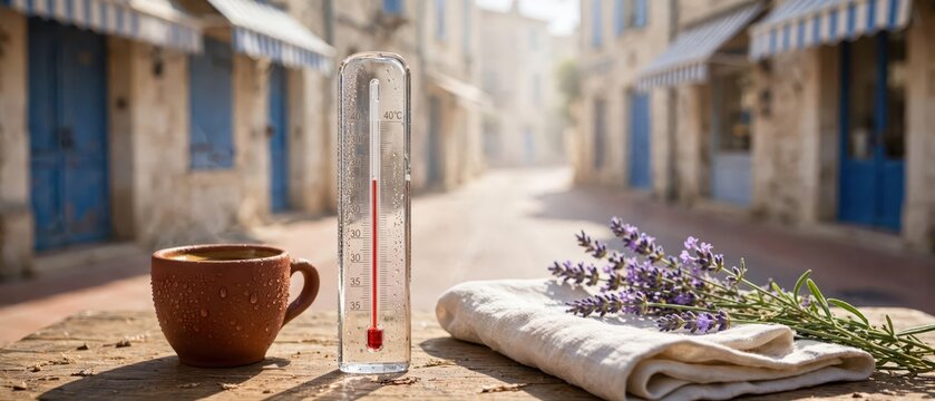 Thermometer showing forty degrees Celsius with coffee and lavender on a wooden table in a sunny French village street, summer heatwave concept