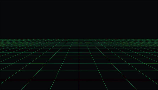 Retro futuristic green grid floor receding into perspective on a dark black background representing space grid.