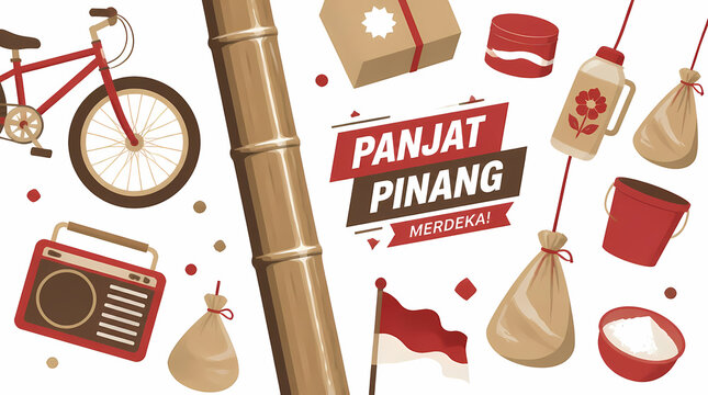 Panjat Pinang celebration with traditional Indonesian elements including bamboo pole, flag, gift boxes, and cultural items for Independence Day