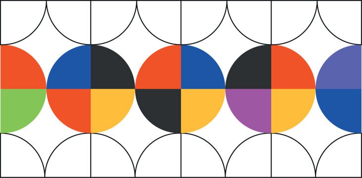 Geometric pattern of circles and semicircles with vibrant color blocks