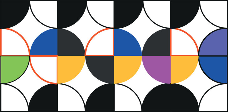 Monochromatic geometric pattern with circles and semicircles in black