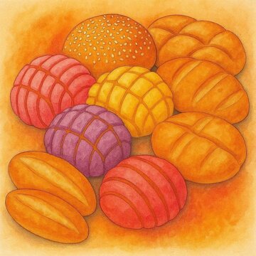 Colorful Mexican pan dulce sweet bread watercolor illustration