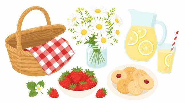 Picnic basket with and white checkered cloth, fresh strawberries, lemonade pitcher, daisies in vase, cookies on plate for outdoor leisure gathering