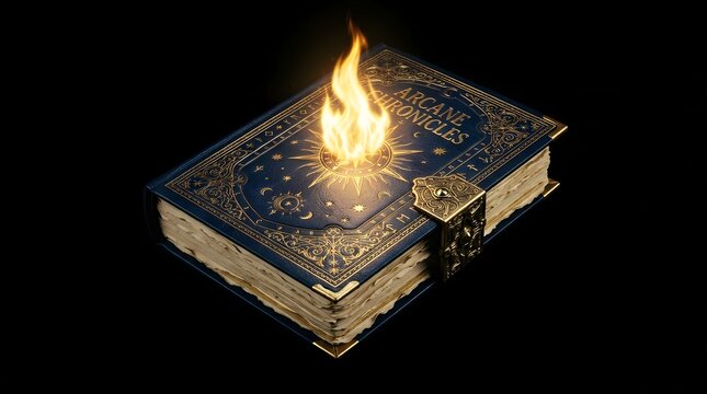A magical blue leatherbound book titled arcane chronicles with a glowing flame emanating from the cover, featuring gold celestial symbols and a metal clasp