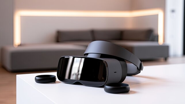 Modern dark virtual reality headset on a white surface