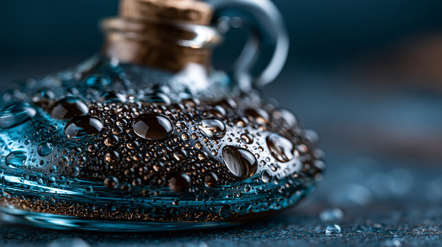 Elegant glass bottle with a cork stopper covered in glistening water droplets