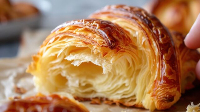 Croissant resting on rustic parchment paper highlights the buttery lamination and golden exterior of the baked treat.