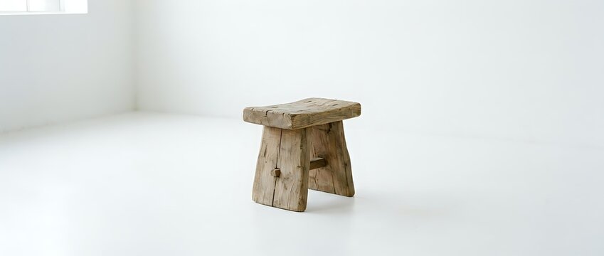 Rustic wooden stool with weathered finish and simple geometric design, suitable for home decor, furniture styling, and interior design projects.