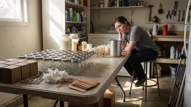 Candle-Making Side Hustle Burnout in a Small Home Utility Room