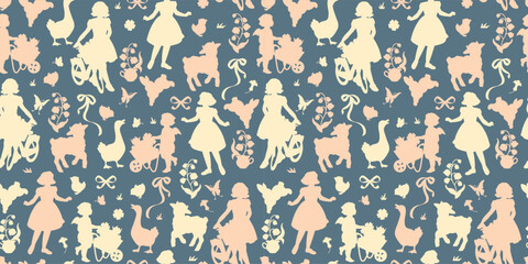 Rural lifestyle wide seamless background with girl, lamb, goose and flowers. Pastel Easter motif. Rural spring pattern in vintage cottagecore style. © Vigurskaia Sofiya
