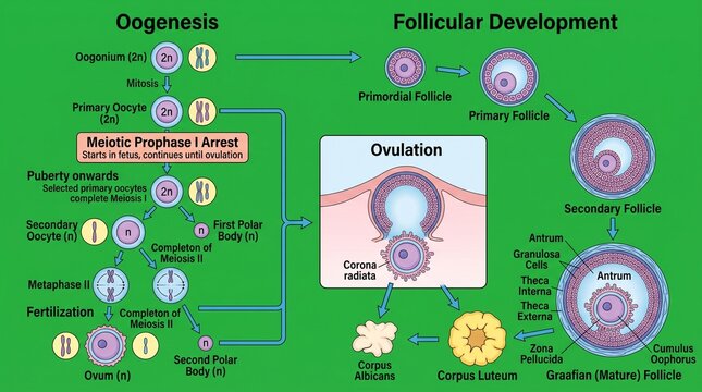 Oogenesis and follicular development diagram. Medical illustration of human egg maturation.