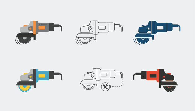 Set of six professional angle grinder icons in different graphic styles, illustrating power tools, construction, and repair work.