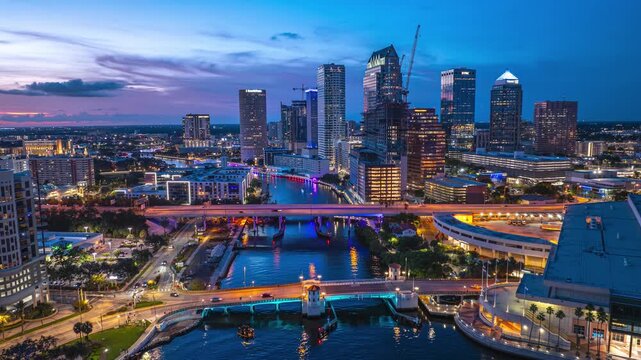 Downtown Tampa Skyline and Riverwalk at Sunset, Florida, Aerial Timelapse