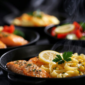 Fresh cooked salmon fillet with pasta and lemon slice in skillet prepared delicious culinary
