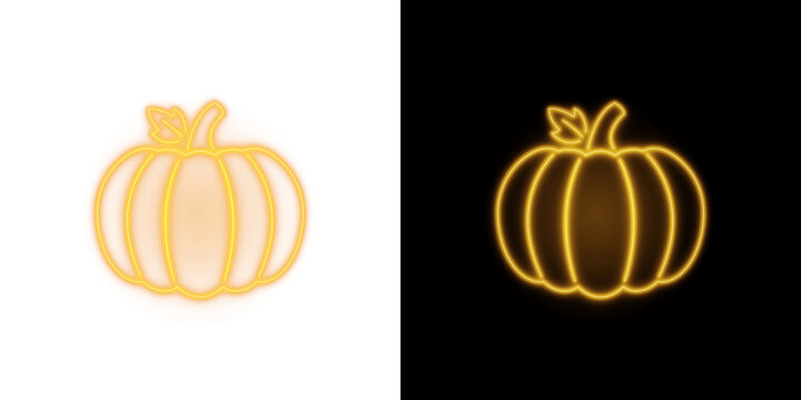 Glowing Warm Orange Neon Autumn Pumpkin Outline Icon Set For Thanksgiving And Fall On Black Background