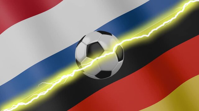 Spinning soccer ball against waving flags Netherlands and Germany separated by a diagonal electric effect, seamless 4k loop