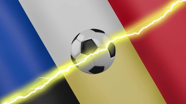 Spinning soccer ball against waving flags France and Belgium separated by a diagonal electric effect, seamless 4k loop