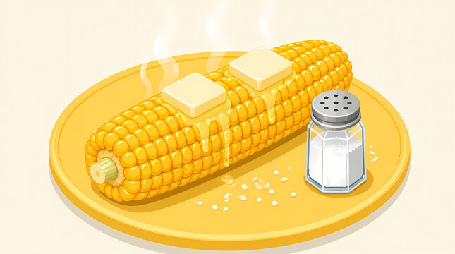Steaming corn on the cob with butter melting over kernels served on yellow plate beside salt shaker