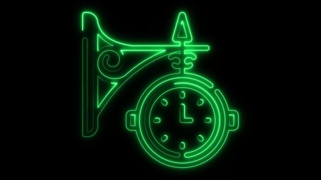 The image highlights a cyan-blue glowing neon icon of a hanging vintage street clock, designed on a dark background. glowing, cyan, blue, luminous, 
