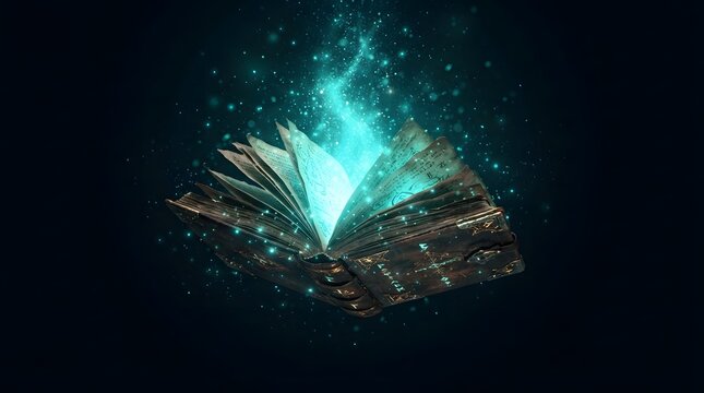 Magical ancient book with glowing blue energy and floating particles in dark atmosphere
