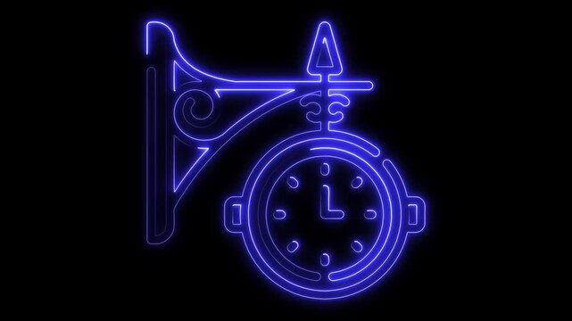 The image highlights a cyan-blue glowing neon icon of a hanging vintage street clock, designed on a dark background.