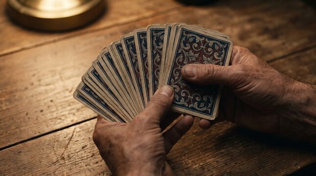 Hands fanning playing cards. Person holding a deck for a game or magic trick.