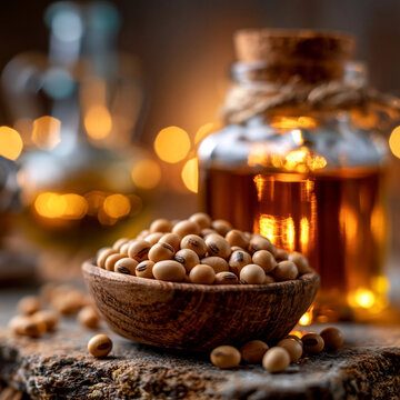 Raw organic soybeans in a wooden bowl near glass bottle of natural vegetable cooking oil with soybeans