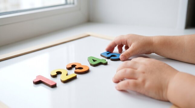 Child hands placing colorful number magnets. Toddler learning math on a white board.